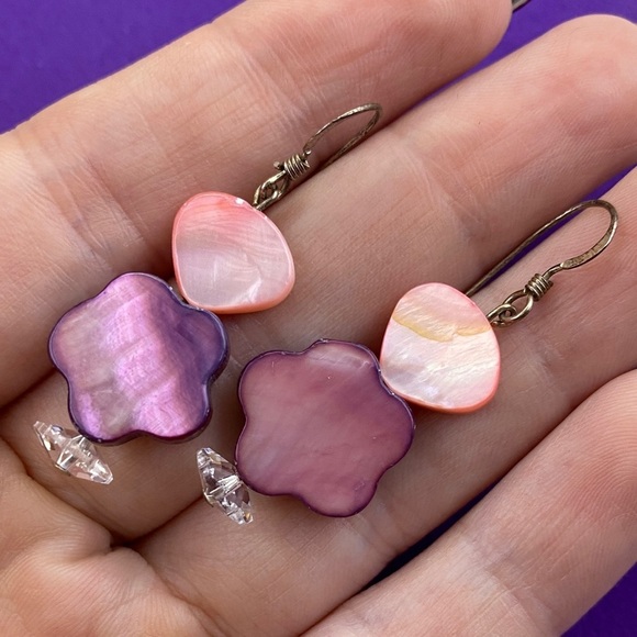 💛 Vintage 925 Pink & Purple Flower Drop Earrings - Picture 3 of 4